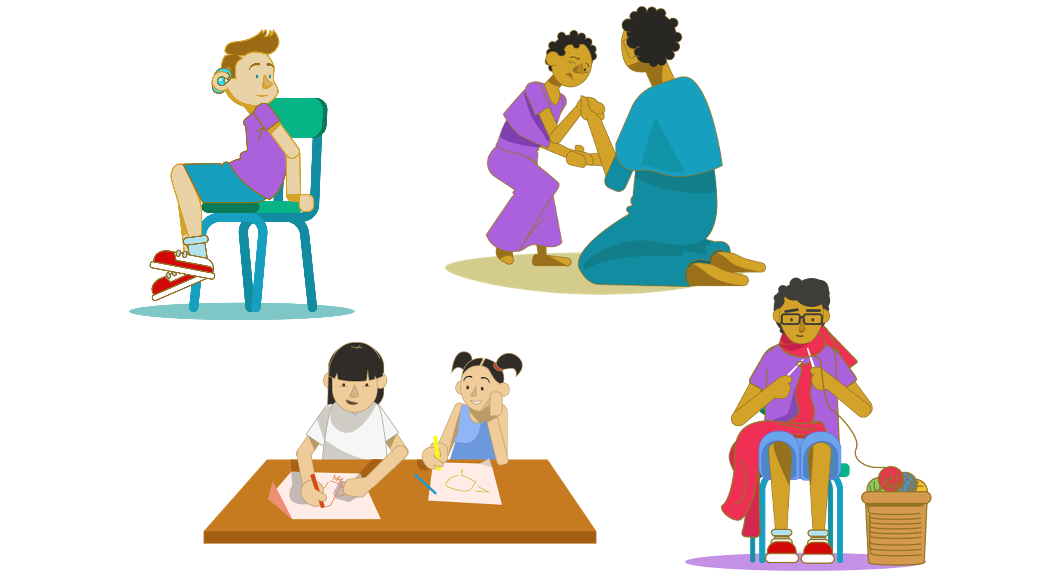 An illustration of our four case study characters. One boy is sat in a chair. A girl a trying to walk with support from her mother. Another girl is drawing with her sister. A teenage boy is knitting.