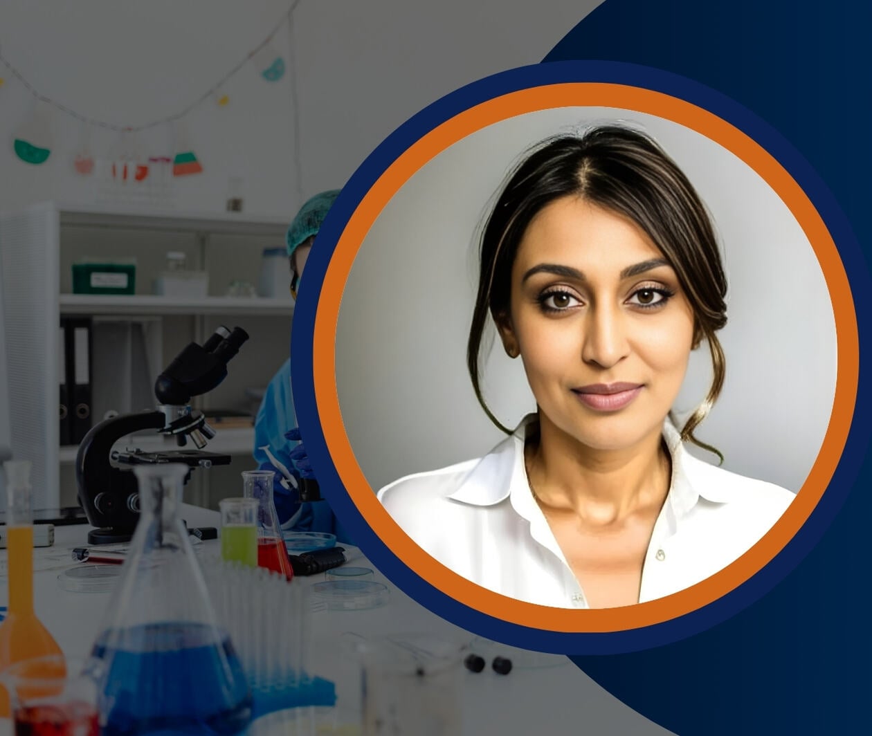 Professional headshot of a female healthcare expert in a circular frame over a lab background with microscope and test tubes, representing Generative AI in Healthcare, diagnostics, biotechnology, and medical research.