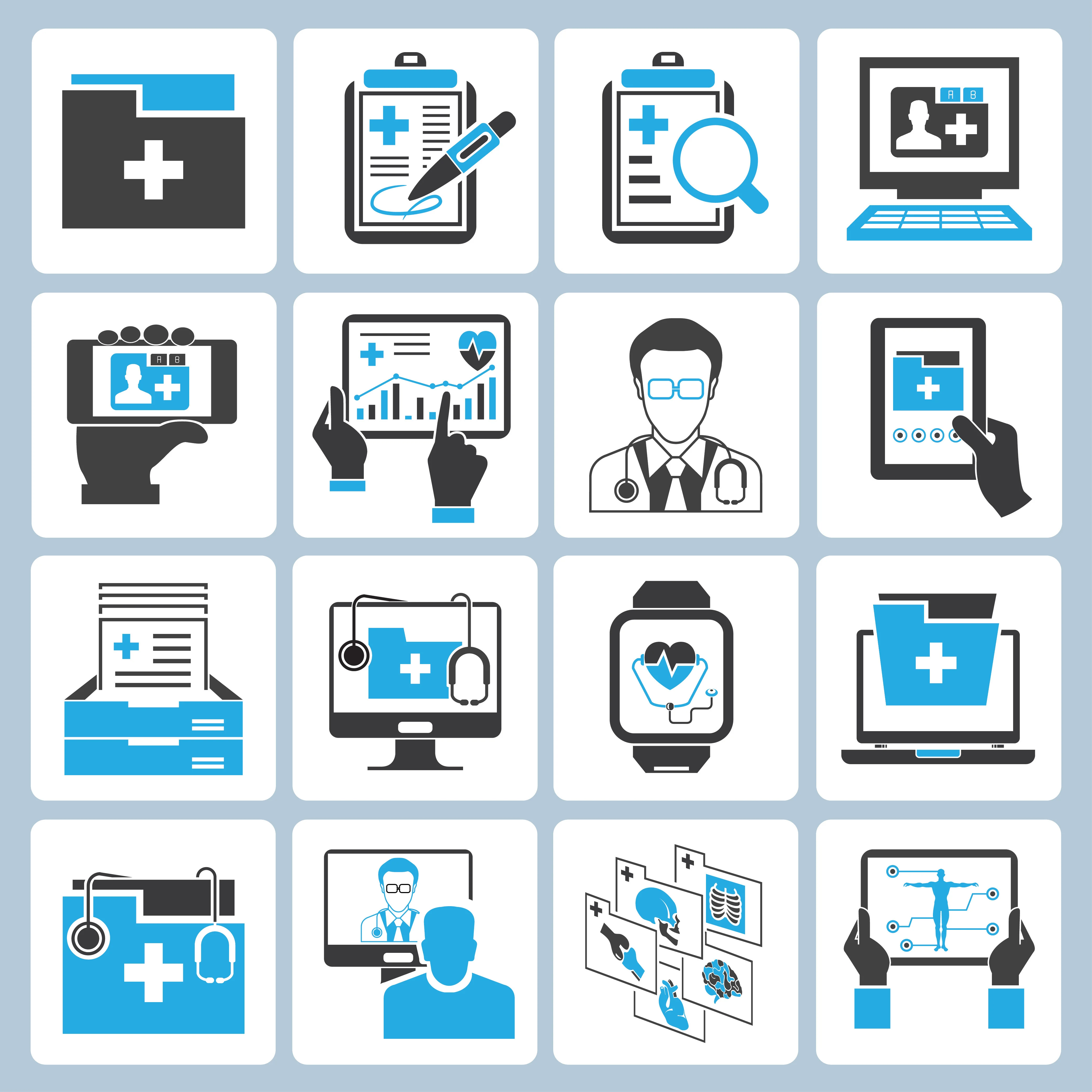 Four rows of four icons are shown, each depicting an image related to medical records.