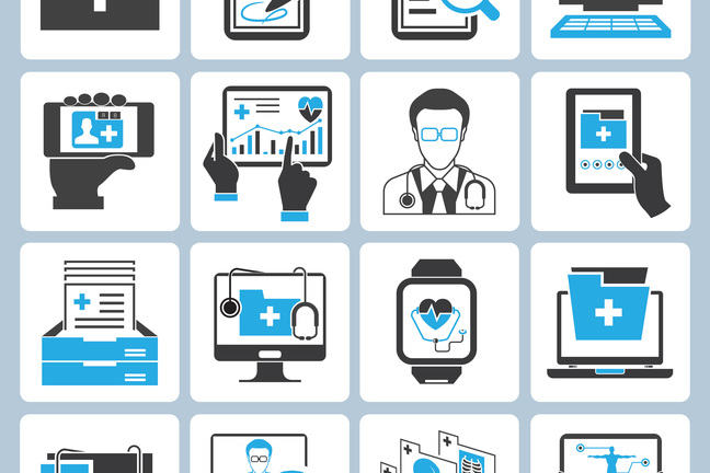 Four rows of four icons are shown, each depicting an image related to medical records.