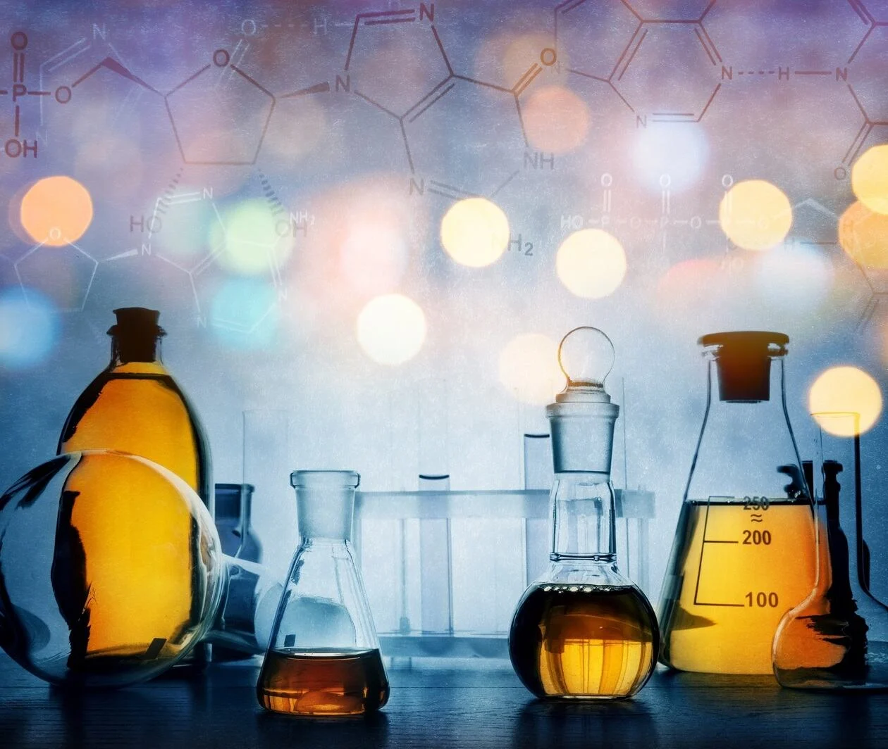 a picture of lab equipment and chemical solutions, overlaid with chemical compound structures