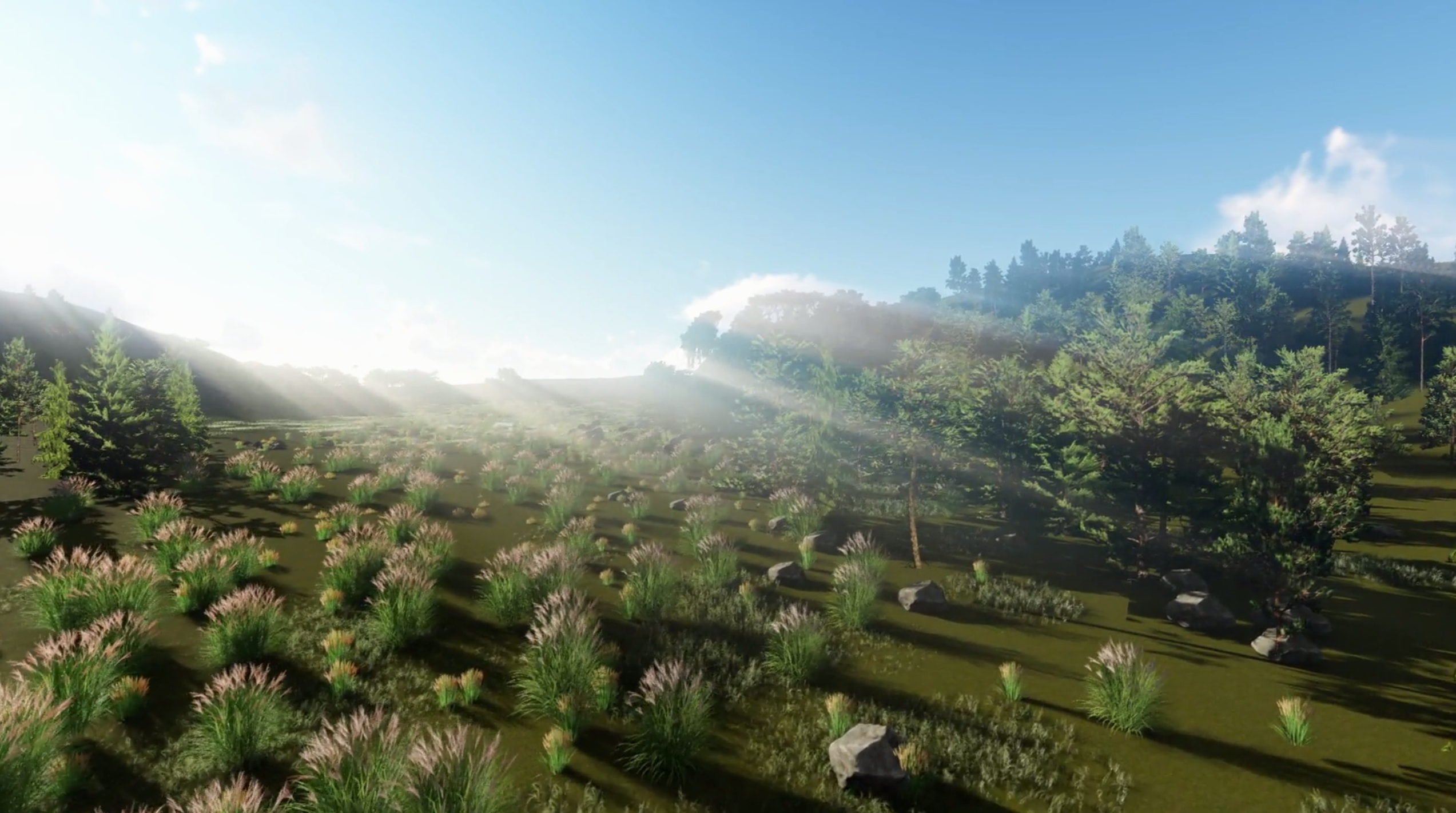 A digital render of green hills with plants and trees scattered across the scene