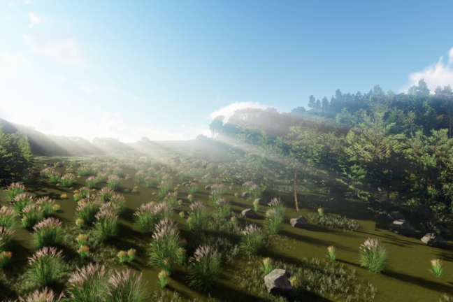 A digital render of green hills with plants and trees scattered across the scene