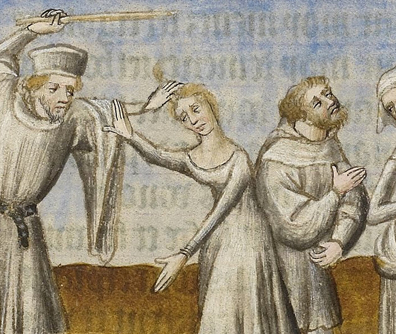 Drawing of a husband beating his wife with a stick