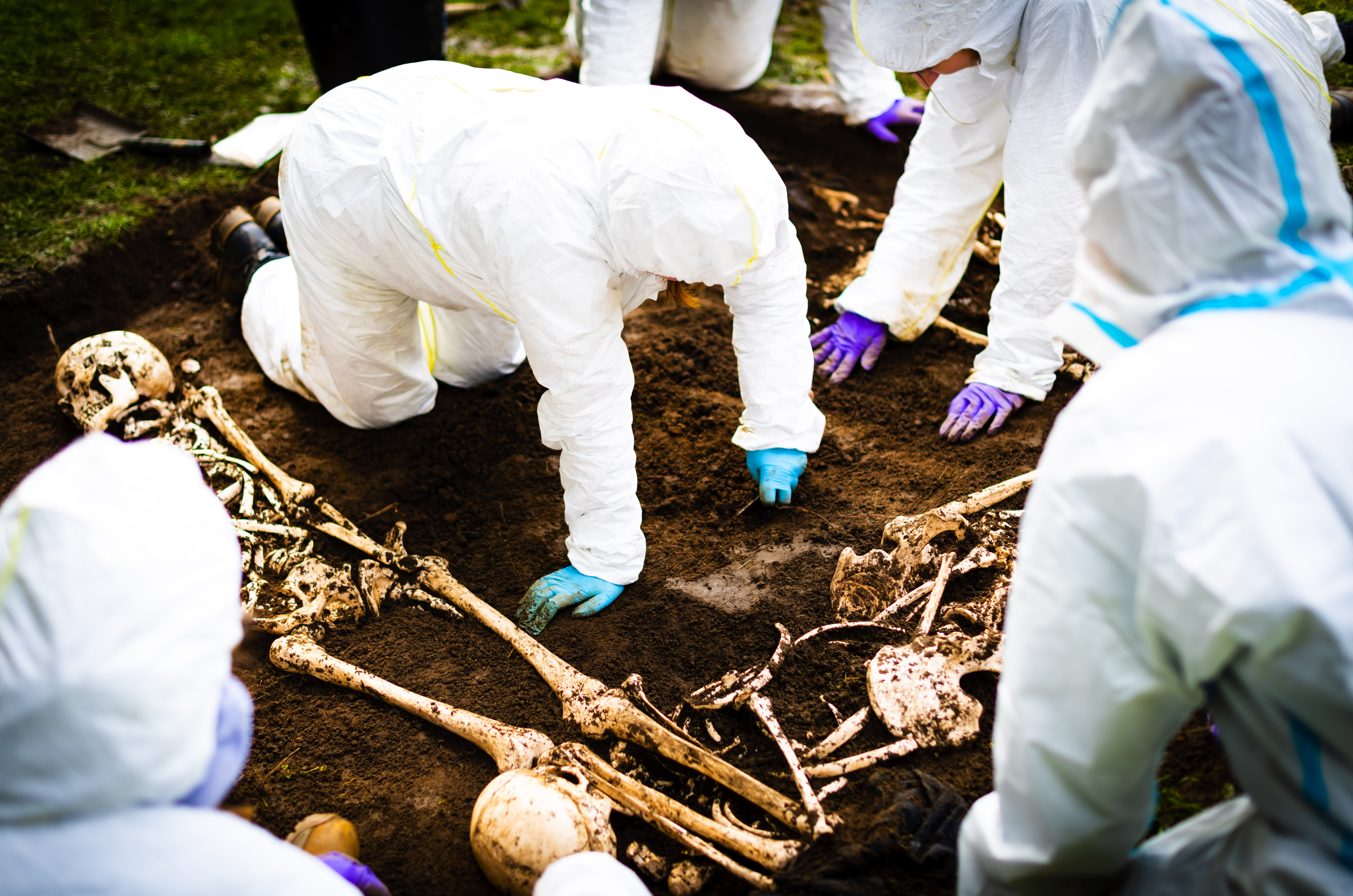 A group of students at Durham University excavate a mock grave for a training exercise A group of students in white suits excavating a mock grave site. They are kneeling over the grave removing earth from around the skeletons