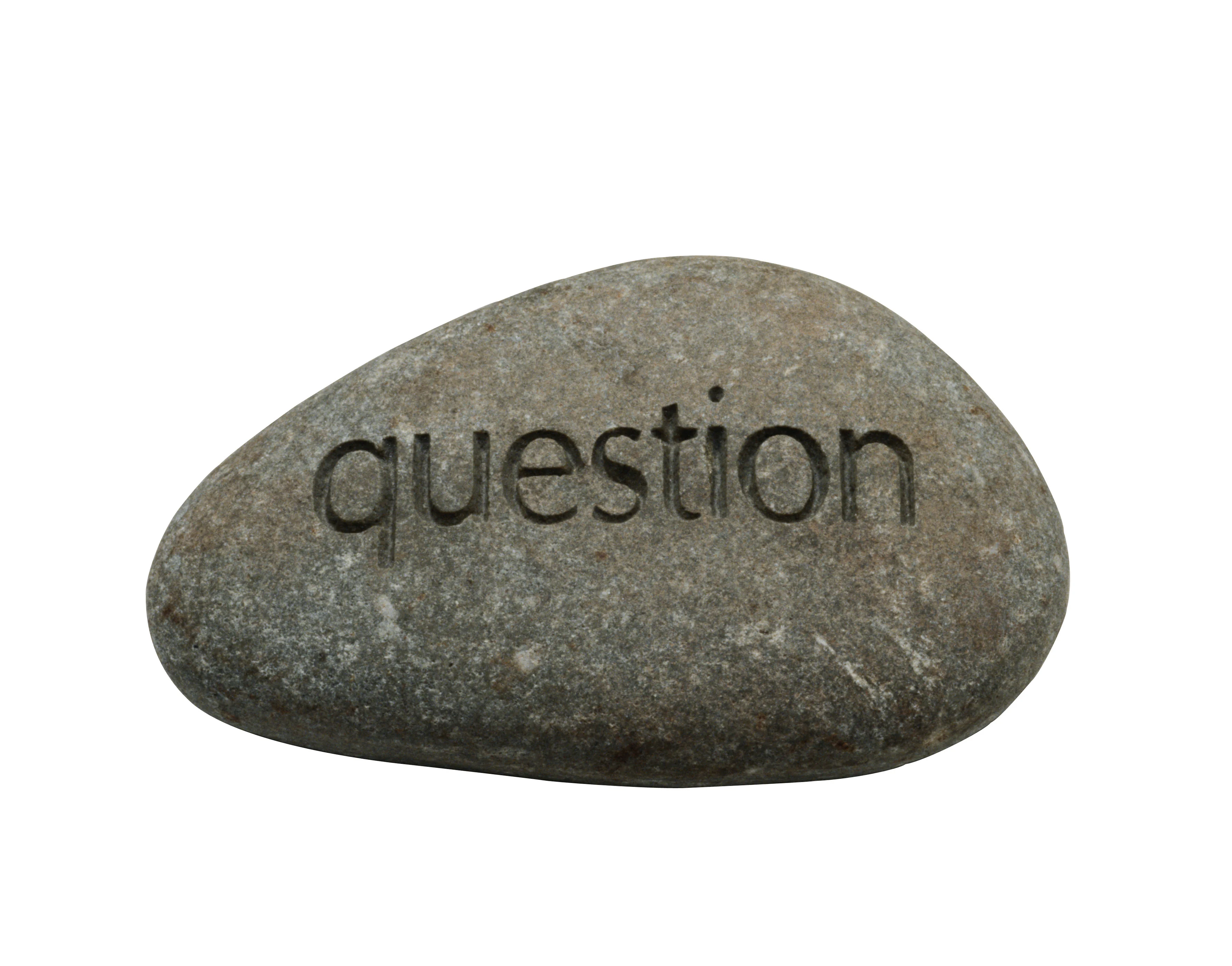 The word 'question' carved into a large stone