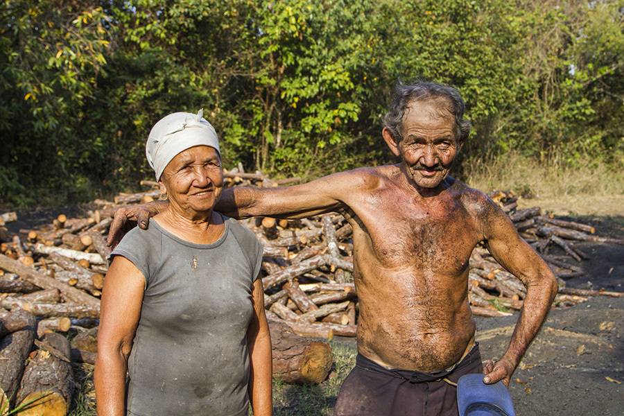 Elderly man and woman elderly couple by a wood pile