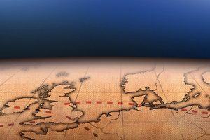 Antique map of Europe with dotted lines leaving Britain to illustrate their expansion.