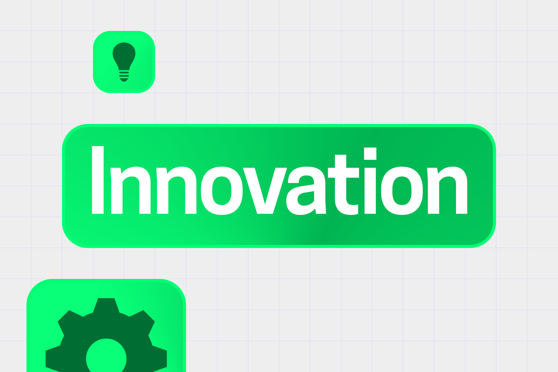 an illustration, with the word innovation in a large rectangle at the centre of the image, surrounded by 3 smaller illustrations depicting a light bulb in a cube, a circle with three green arrows pointing forwards and a cube with a cog inside.