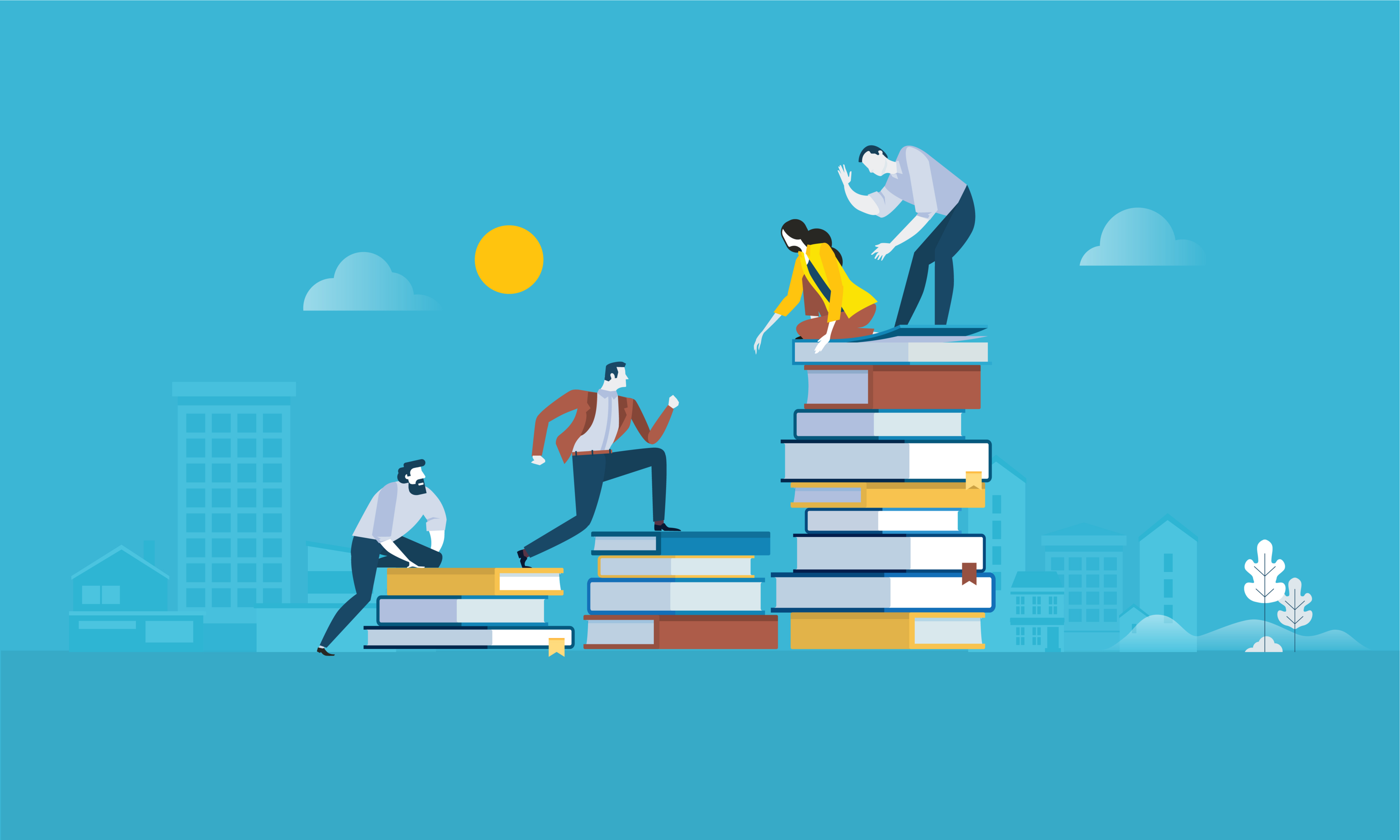 Illustration of learners climbing up a stack of books and helping those behind them.