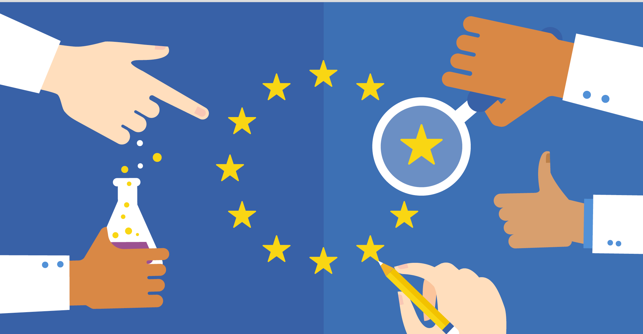 Infographic showing five hands interacting with the EU stars, pointing at one, magnifying another, colouring in another.