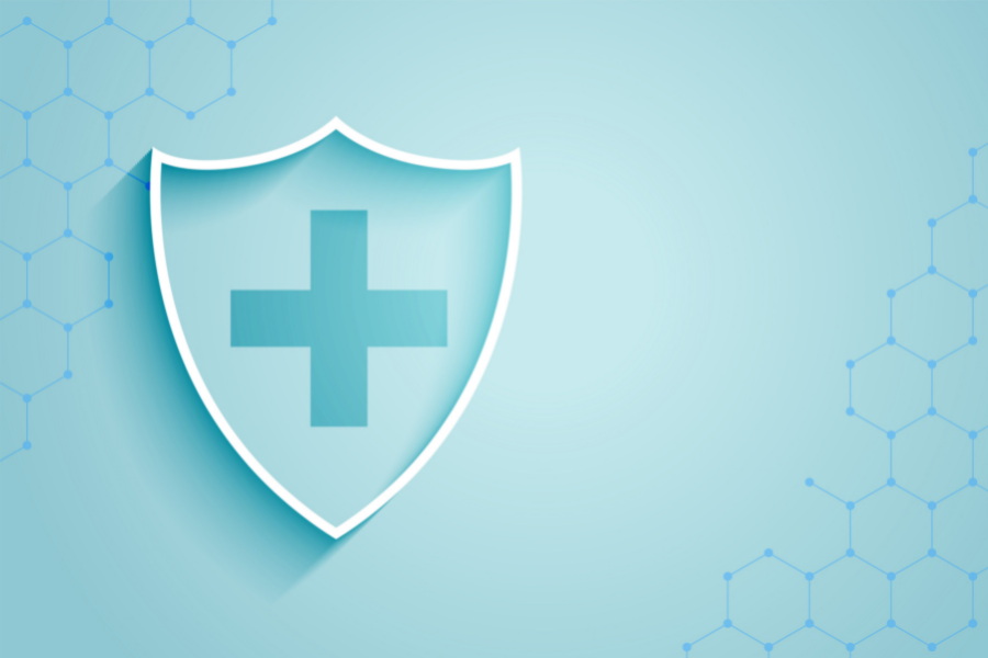A shield on a blue background with a cross inside it.