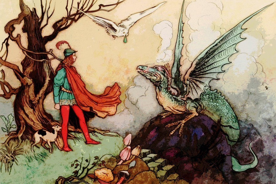 A young knight facing a dragon