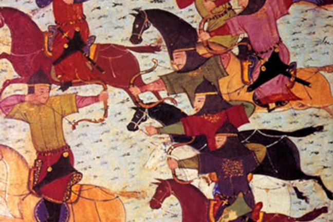 Mongol cavalry shooting arrows on horseback; colourful painting.