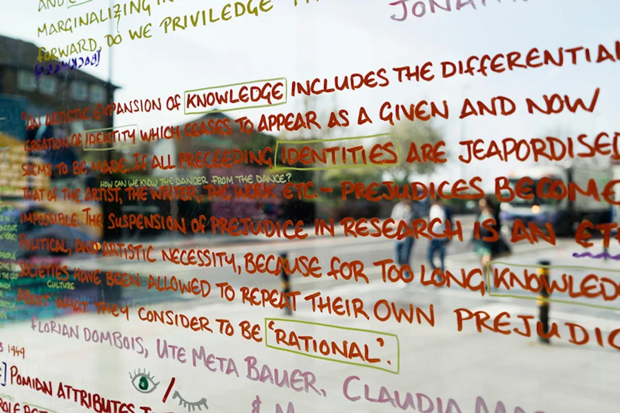 Decorative image, text written on a glass window in various colours with some words highlighted, for the 2015 RCA research biennial.