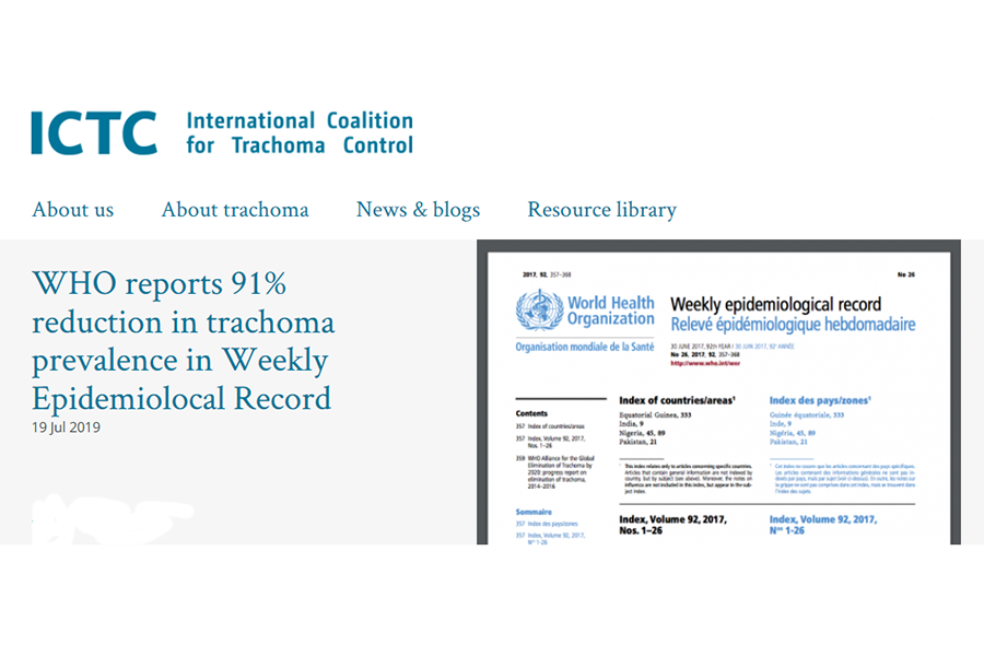 Screengrab from the World Health Organisation's (WHO) Weekly Epidemiological Record (WER).  The number of people at risk from trachoma,  has reduced by 91% from 1.5 billion in 2002 to 142.2 million in March 2019.