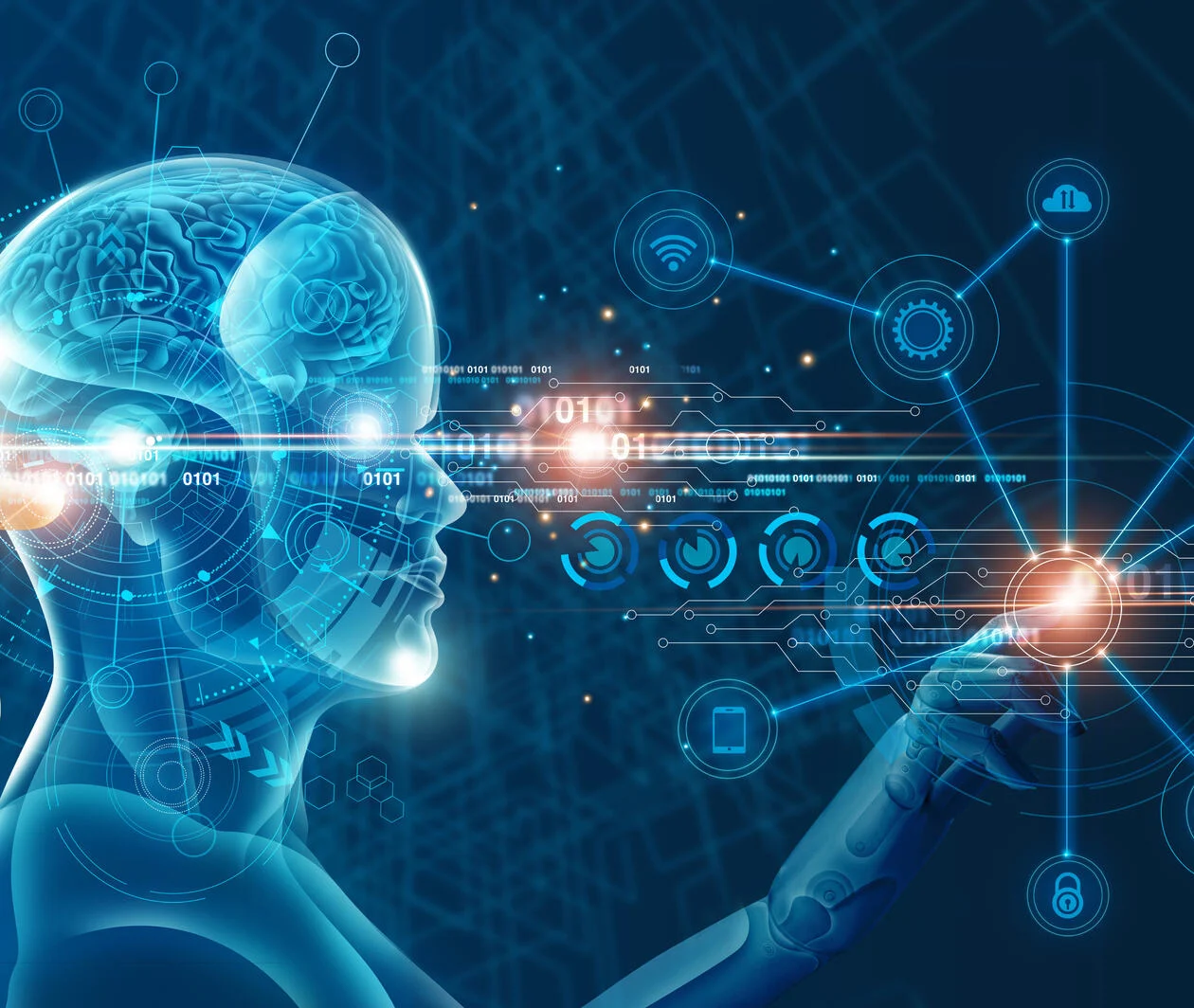 Hand touch a robot on network and binary data. Futuristic Artificial