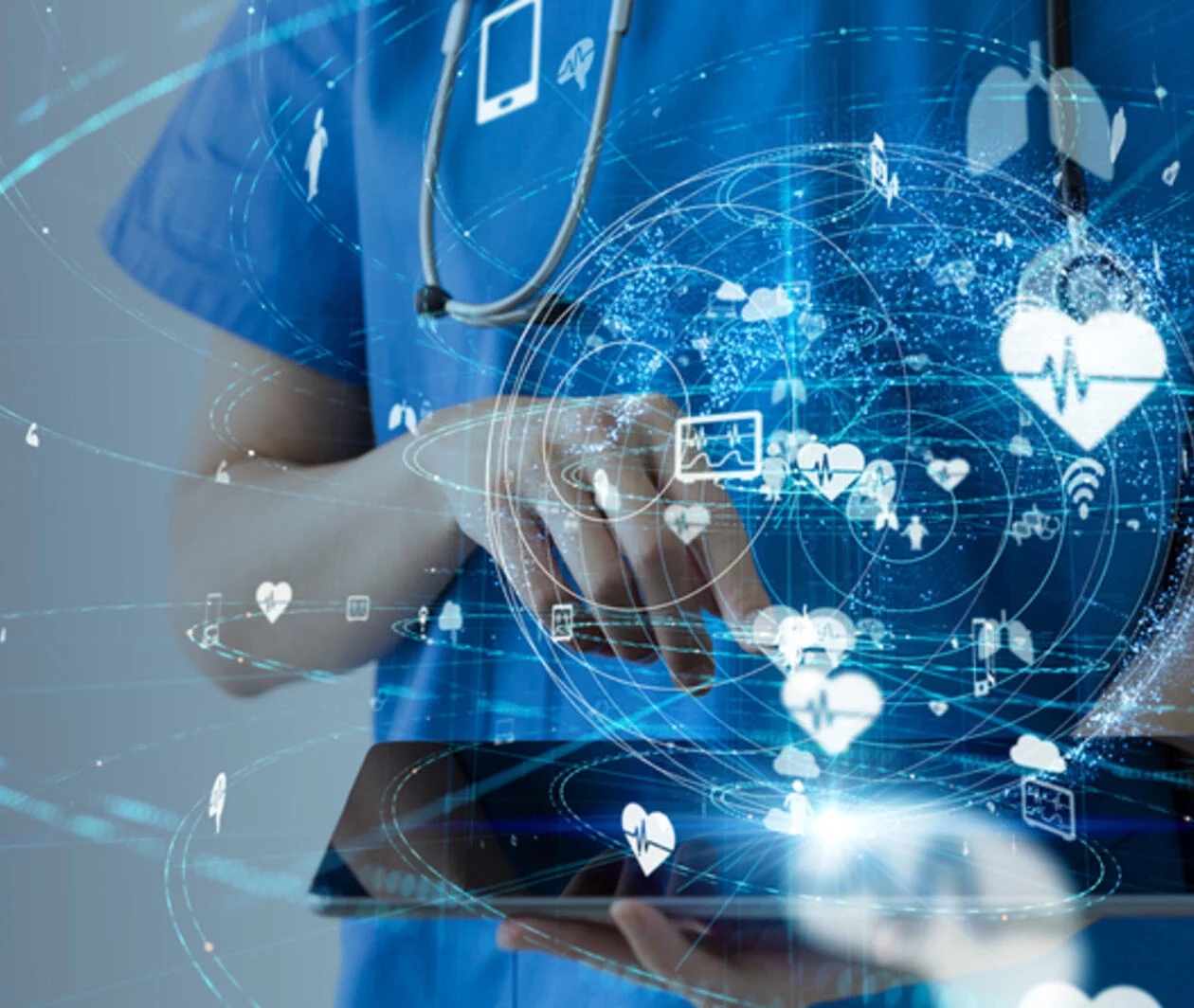 Picture of a doctor's torso in a lab coat, holding a tablet from which a series of beams of light emerge, indicating clinical data