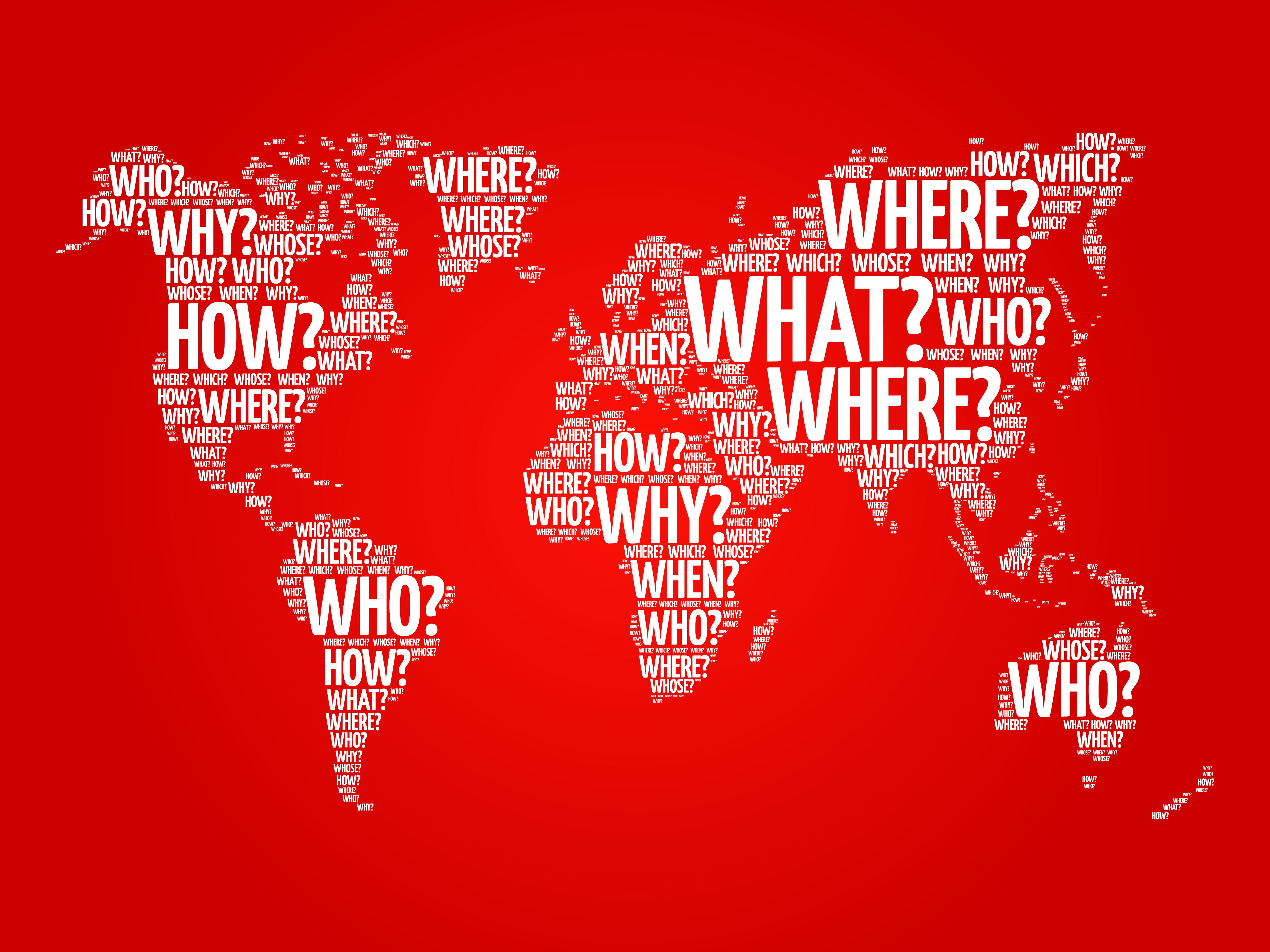 A map of the world with question words superimposed on top.