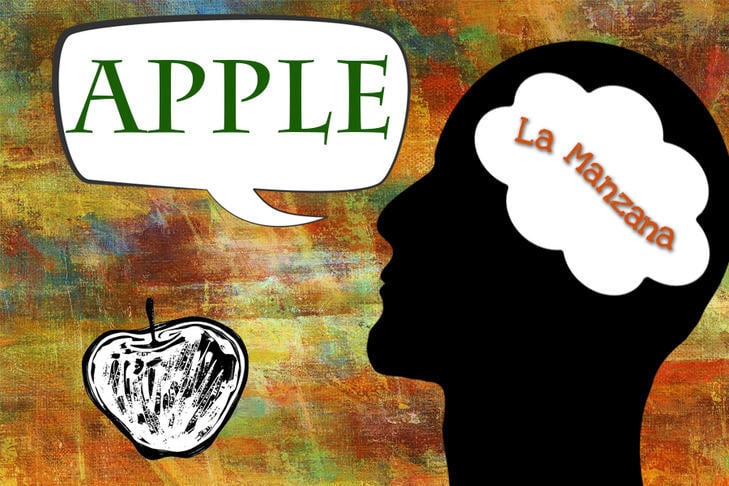 A silhouette of a man looking at and apple with the word 'la manzana' showing in his mind but saying  'apple'.