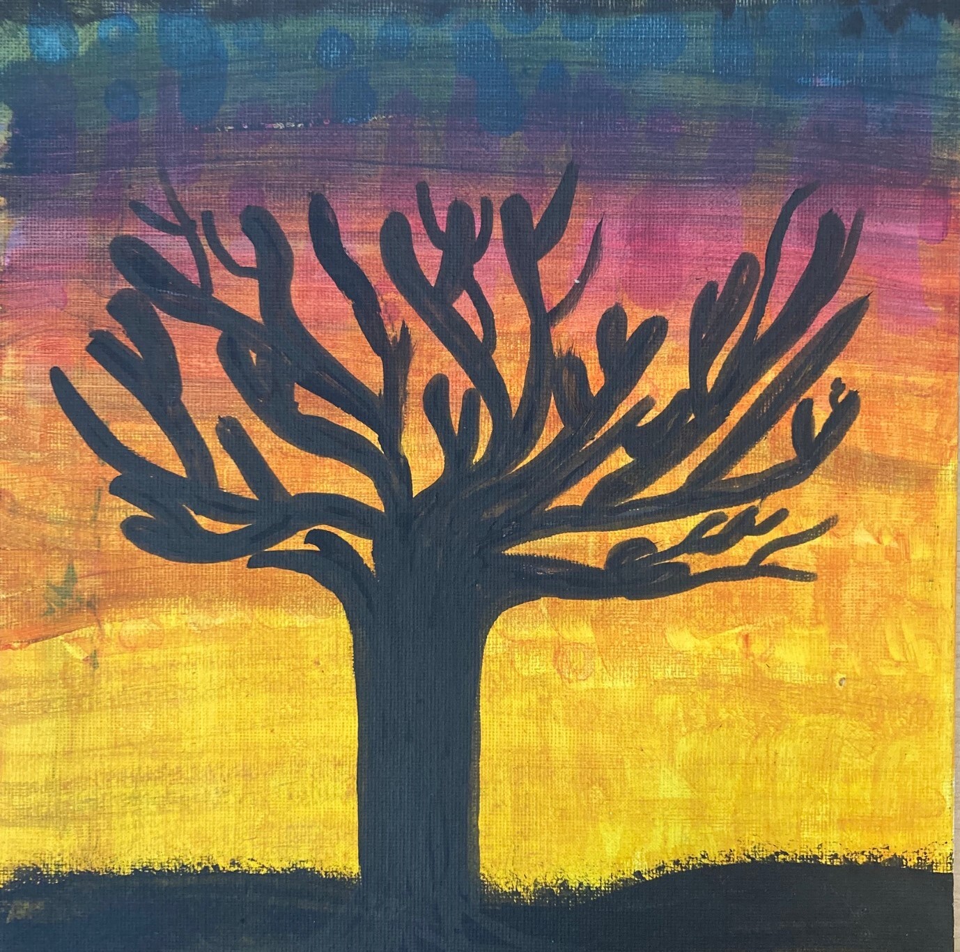 silhouette of tree with gradient sky from dark blue to bright yellow behind