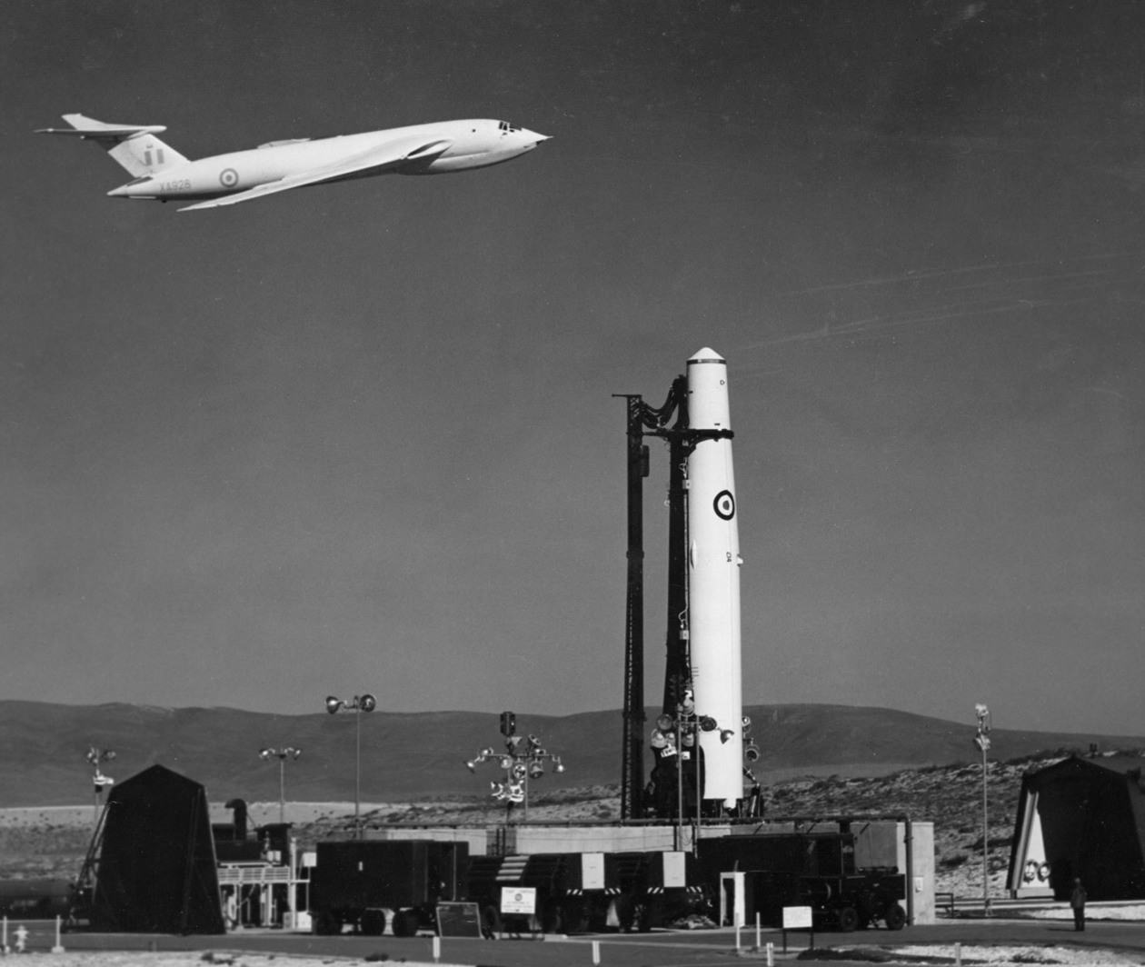 The RAF in the Cold War: a Victory plane flying behind a Thor missile, c.1960