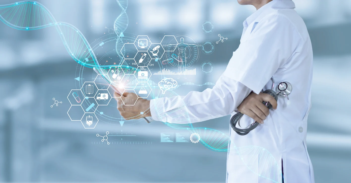 Doctor holding electronic medical and record on tablet. DNA. Digital healthcare and network connection on hologram modern virtual screen interface, medical technology and futuristic concept.