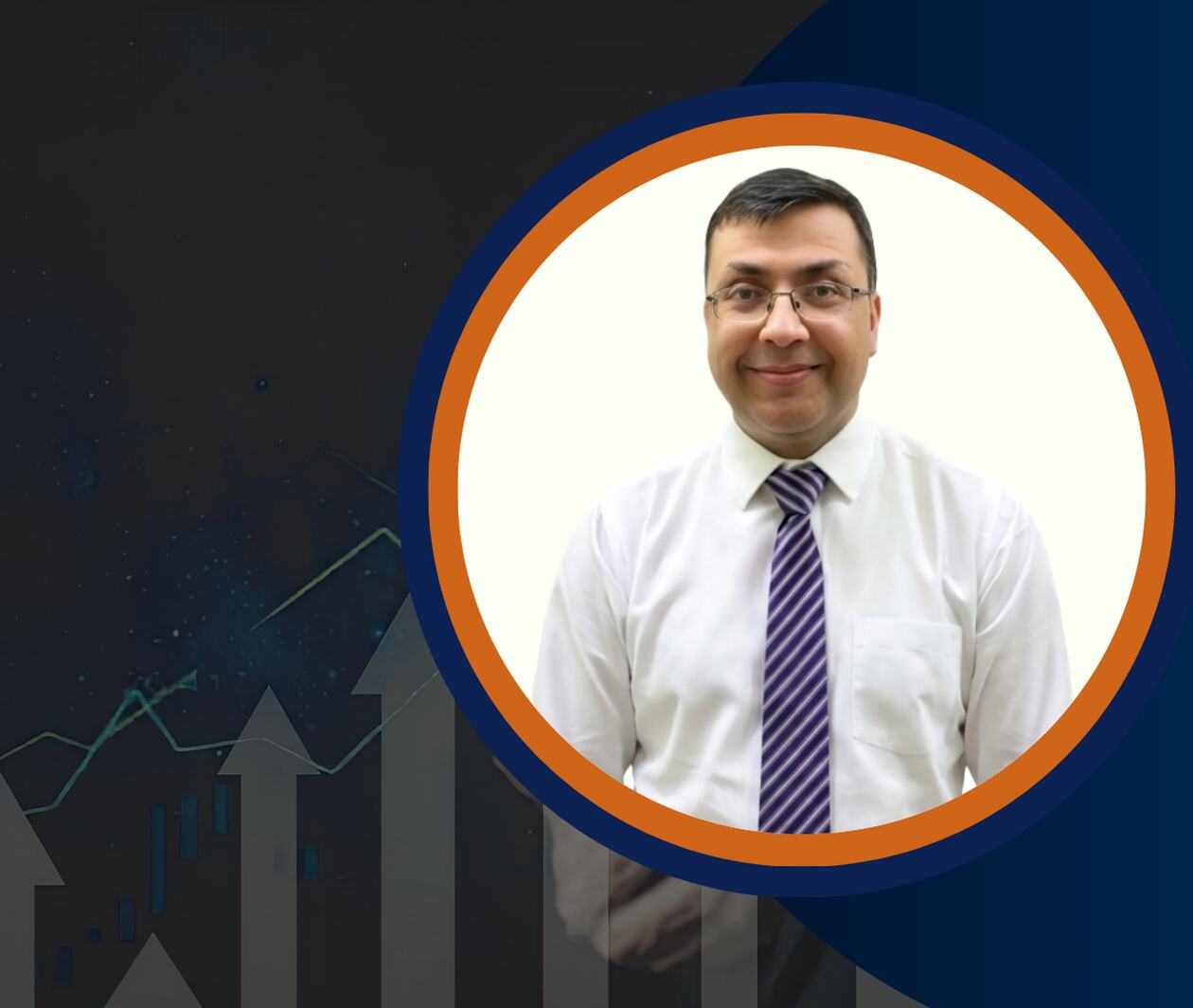 Professional instructor in business attire with a financial background featuring upward-trending charts and growth arrows, representing financial analysis, ratio analysis, business valuation, investment analysis, corporate finance, and financial modeling.