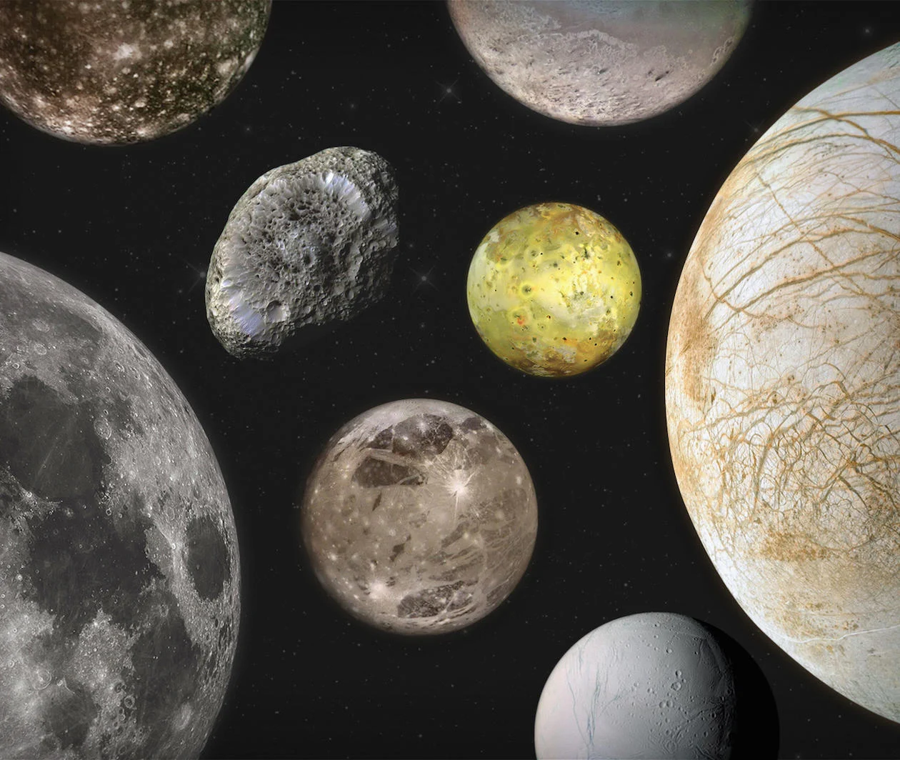 A collection of moons of different sizes and colours floating in space