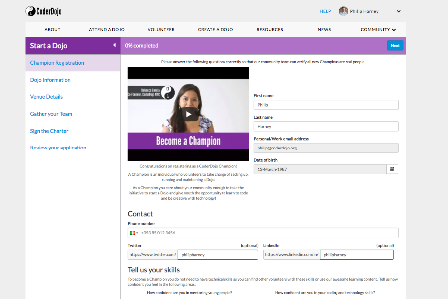 Screenshot of website page to register a Dojo