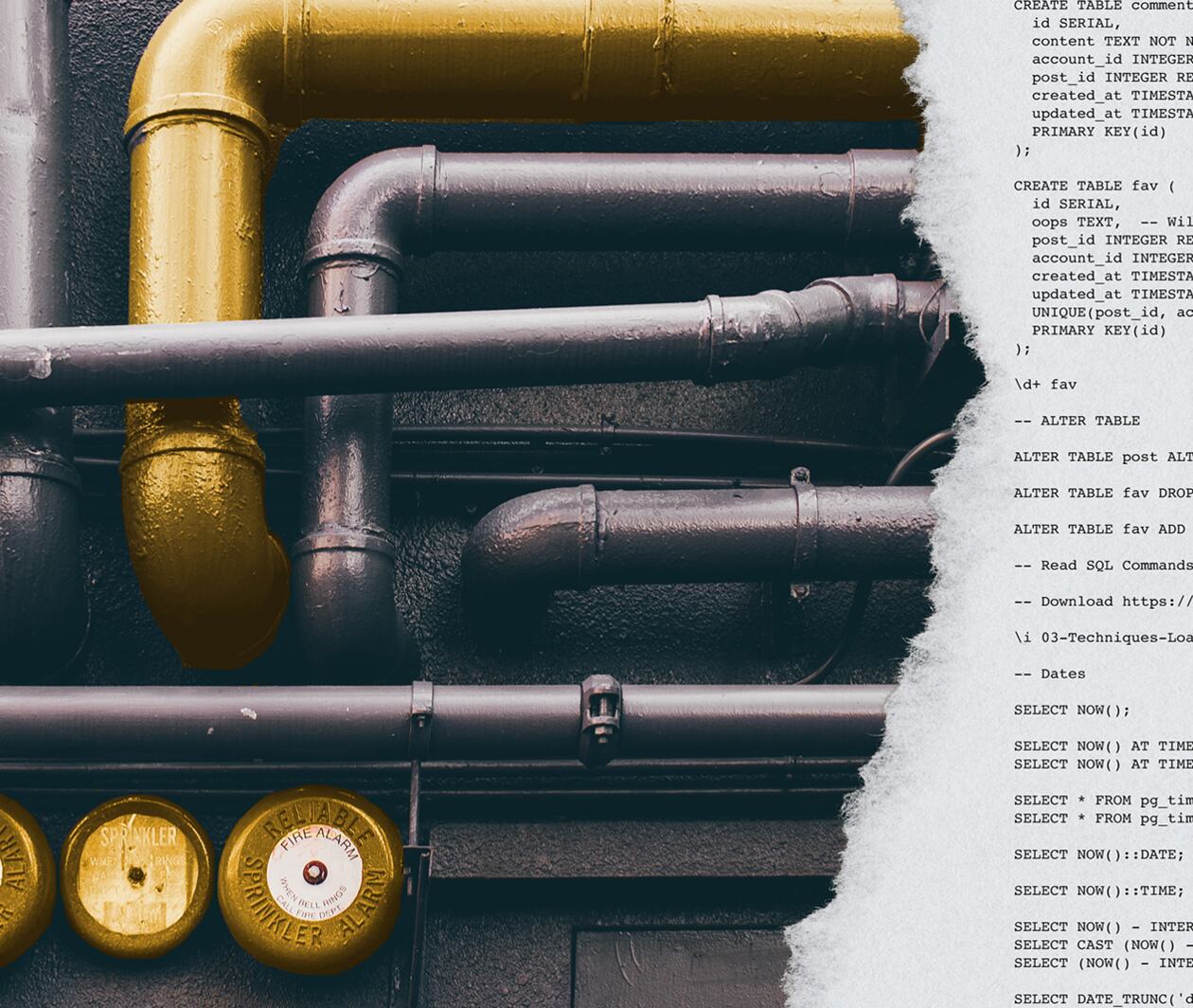 Yellow and black coloured pipes across a wall. On the right side of the image is an excerpt of SQL typed on white paper. 