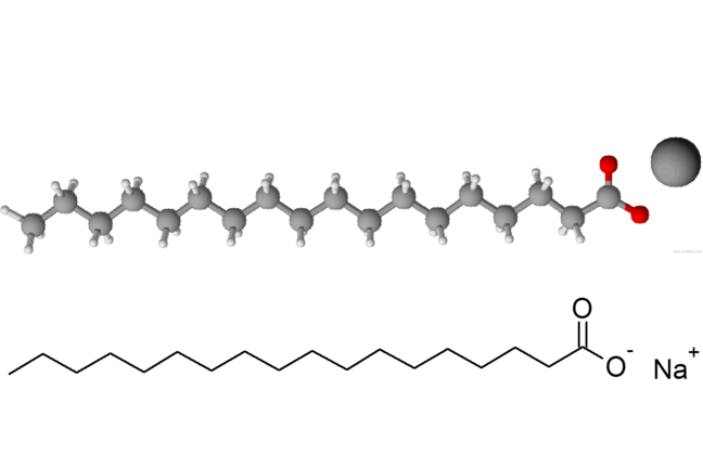 Una molécula típica de tensioactivo, estearato de sodio, que se encuentra en muchos jabones.