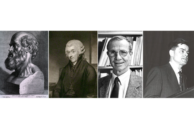 Images of Hippocrates of Kos, Dr William Heberden, Professor Ralph Paffenbarger and Professor Jeremiah Morris