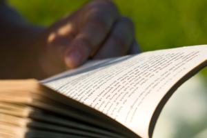 "Reading" by Sam Greenhalgh, on Flickr, Licensed under CC BY 2.0. Close up of an open paperback book, with a hand at the edge of the page to hold it open. Green leaves and sunlight in background.