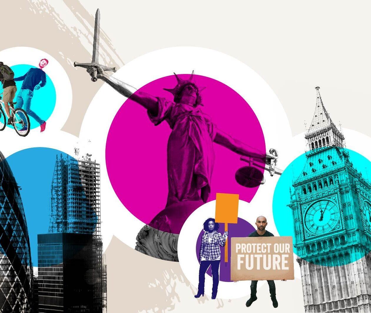 A stylised decorative image, containing images relating to law such as the London skyline, protestors, Lady Justice, and a cyclist barely missing a pedestrian.