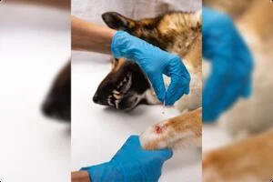 A veterinarian attends to a wound on a dog's paw.