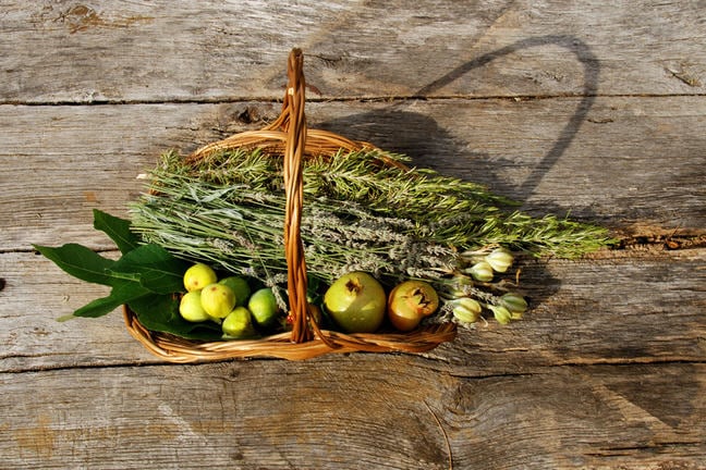 A collection of herbs and food items that may have been used traditionally as medicine.