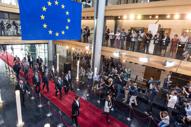 European Parliament Entrance Hall with EU Flag from the Rafters