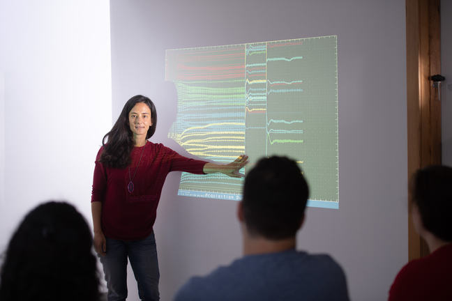 Researcher presents data on a screen to a group of students