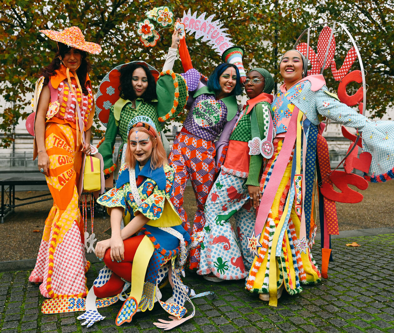 Alisa Ruzavina's Love Bomb collection at UAL’s Parade for Climate Justice, photographed by Ana Blumenkron.