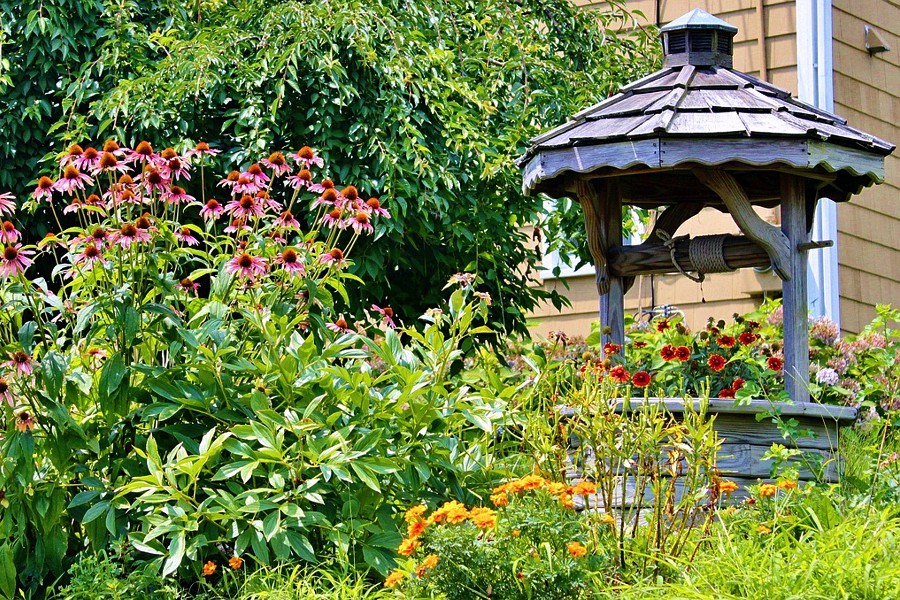 A wishing well in a garden