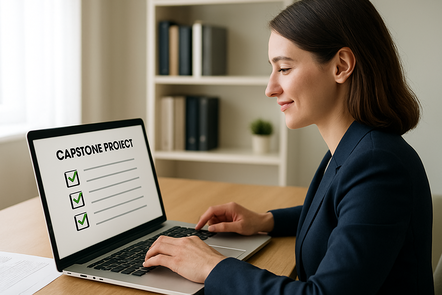 A professional woman in a blazer smiles subtly while working on a laptop showing a completed capstone project checklist, seated at a tidy desk in a bright office with books and files in the background.