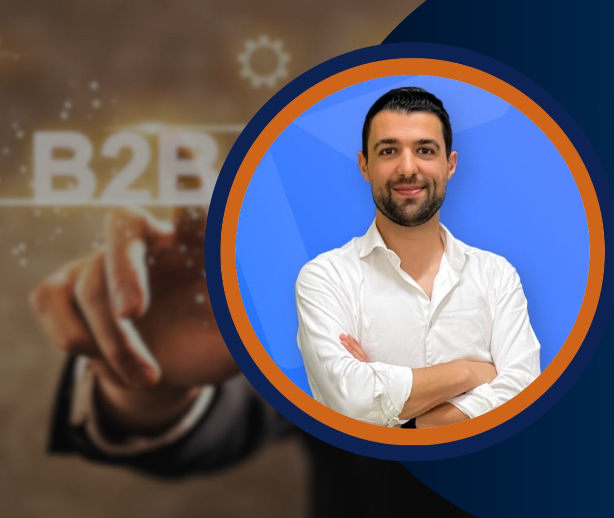 Man in white shirt with B2B sales background promoting data-driven sales and storytelling course.