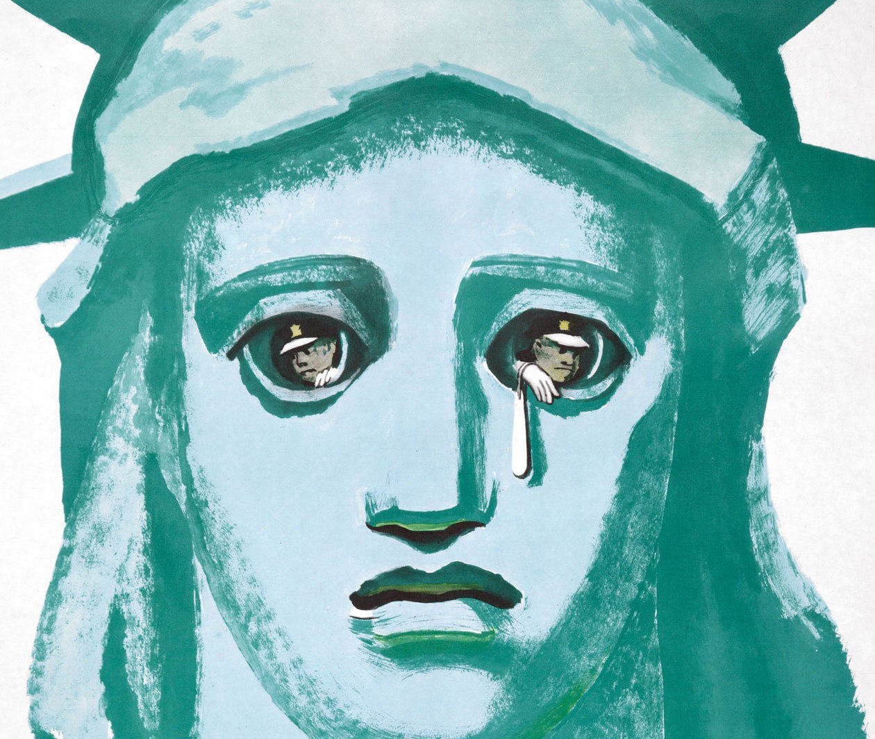 Statue of Liberty with men in the eyes. One holds a bag giving her the appearance of shedding a tear.