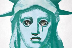 Statue of Liberty with men in the eyes. One holds a bag giving her the appearance of shedding a tear.