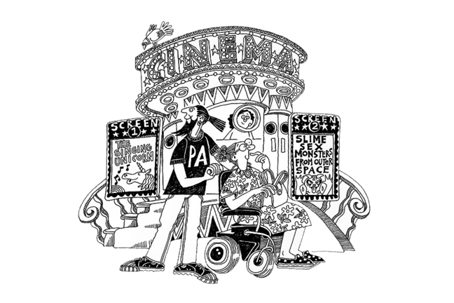 PA and disabled person in front of a cinema.