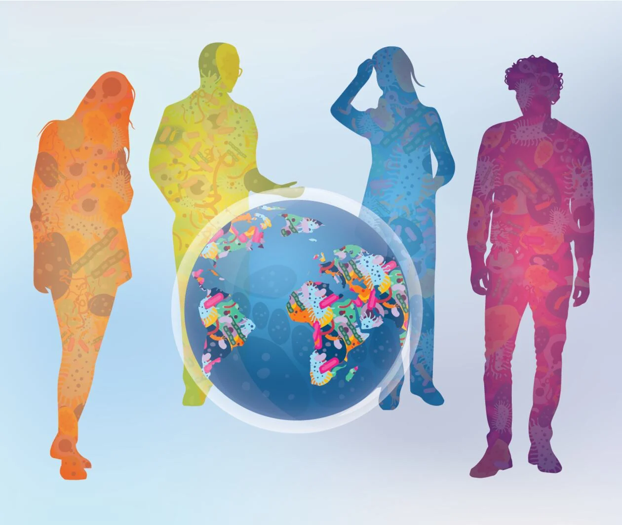 Microbial community: Humans in the team looking at the globe, all made from bacteria