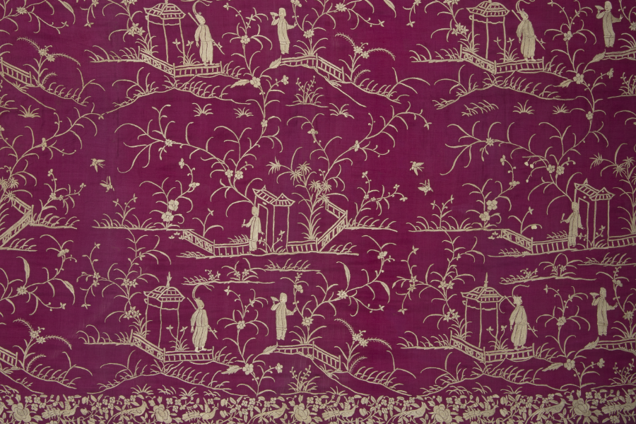 Deep pink gara sari on Chinese sali silk, from the collection of Shernaz Engineer Golden embroidery on deep pink silk depicting a typical Chinese scene with a couple surrounded by pavilions and bridges.