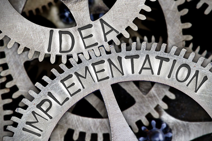 Gears with the words Idea and Implementation