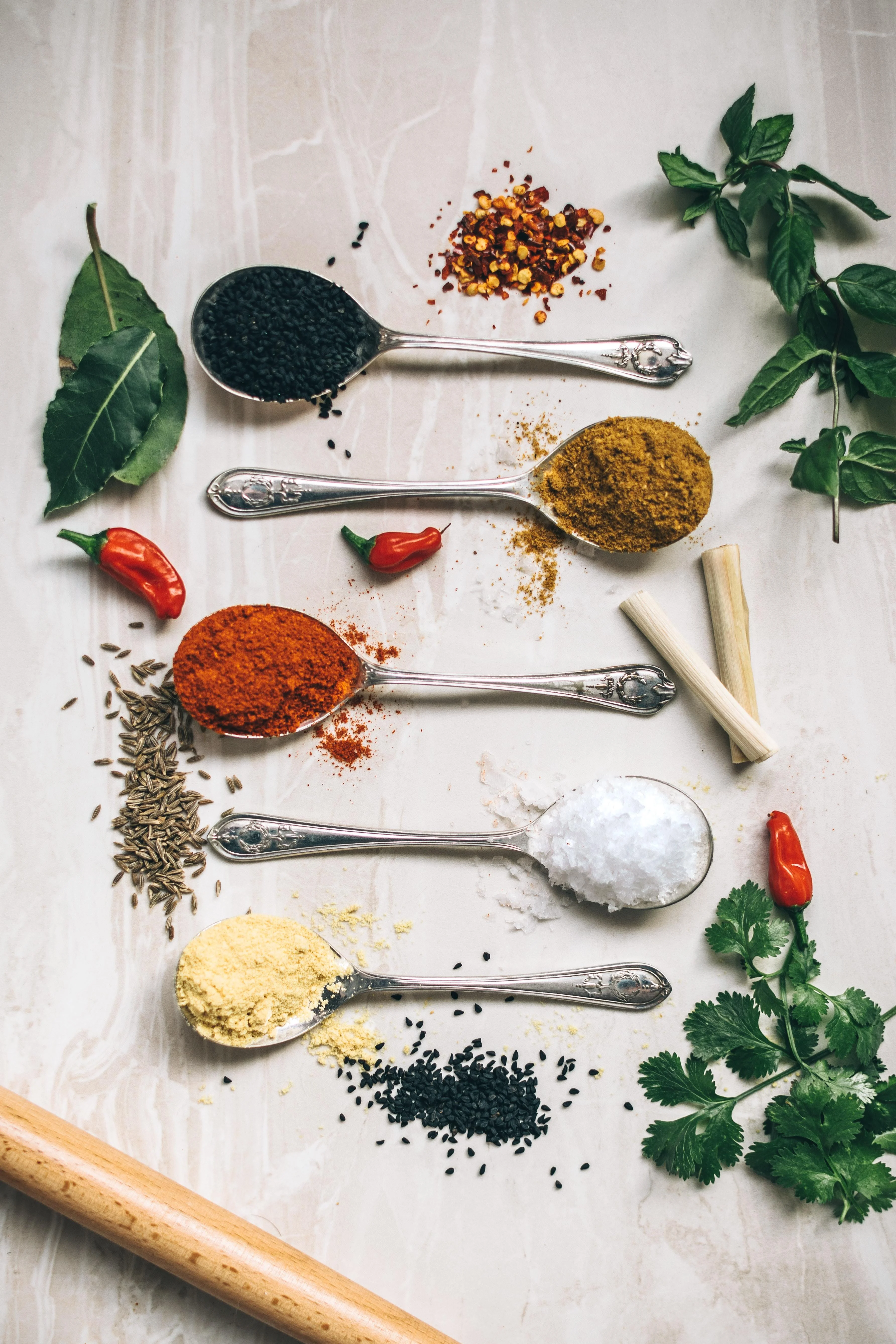 Spices displayed in spoons